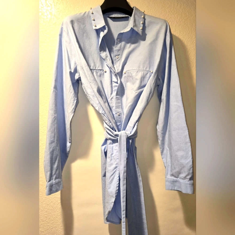 Zara Basic, Poplin Light Blue Button-Up Shirt Wit… - image 1
